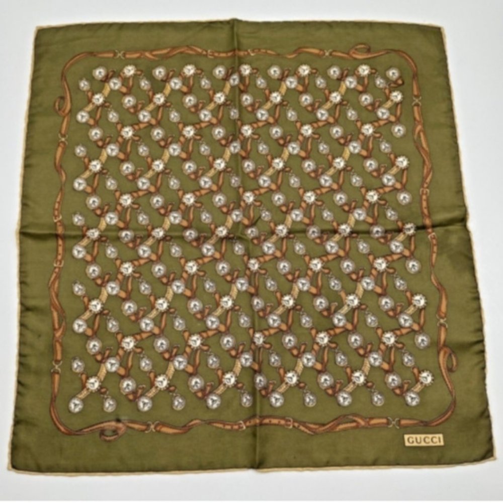 GUCCI Vintage OlivevGreen Silk Wrist Watch Clock Scarf Handkerchief - Picture 3 of 16
